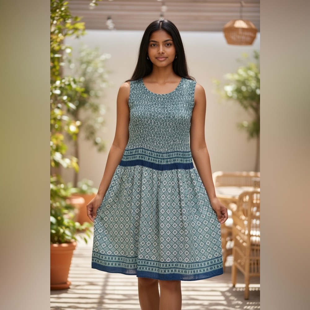 Max Studio Blue and White Sleeveless Patterned Midi Dress